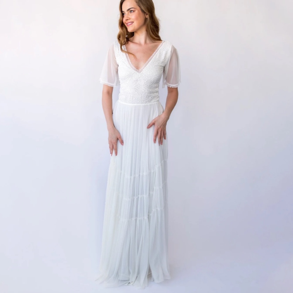 Ivory Flutter Chiffon Sleeves Bohemian Lace wedding dress